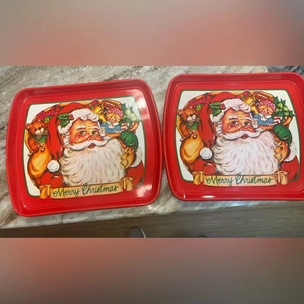 Two Vintage Santa Claus Merry Christmas 11x13” Plastic Serving Trays